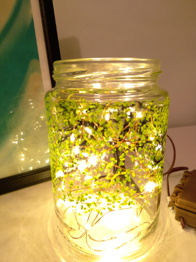 Hand Painted Green Tree of Life Mason Jar Upcycled Recycled Battery  Operated LED Fairy Lights Watercolor Stained Glass 